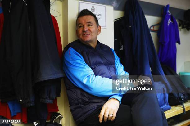 Paul Doswell manager of Sutton United sits in the changing room during a Sutton United FA Cup media day on February 16, 2017 at the Borough Sports...