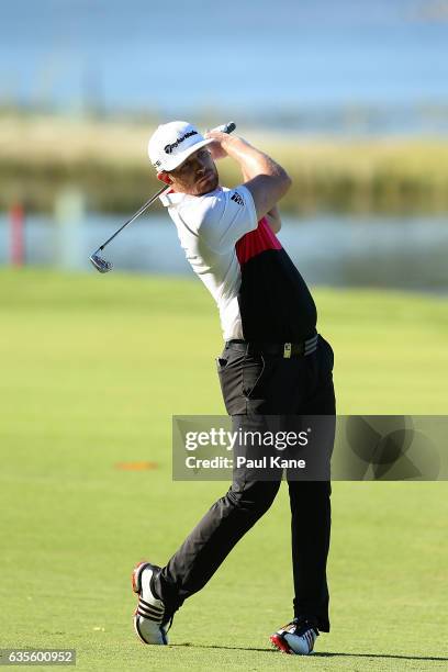 Garrick Porteous of England plays second shot on the 3rd hole during round one of the ISPS HANDA World Super 6 at Lake Karrinyup Country Club on...