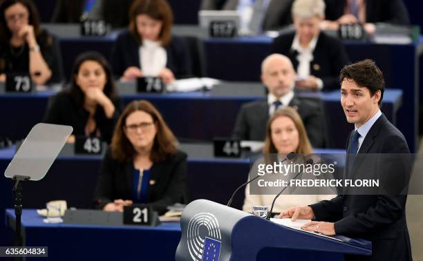 Canada's Prime Minister Justin Trudeau delivers a speech at a plenary session at the European Parliament in Strasbourg, eastern France, on February...