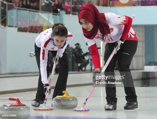Hilal Nevruz and Mihriban Polat of Turkish National Girls' Curling Team compete against Russian National Girls' Curling Team during the Girls'...