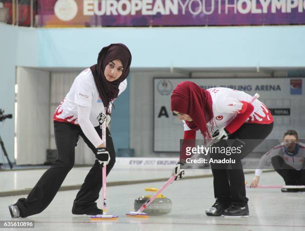 Hilal Nevruz and Zeynep Oztemir of Turkish National Girls' Curling Team compete against Russian National Girls' Curling Team during the Girls'...