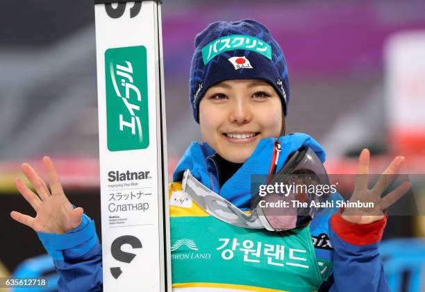 Sara Takanashi of Japan celebrates her 53rd World Cup win after the Ladies Normal Hill during day two of the FIS Ski Jumping World Cup PyeongChang at...