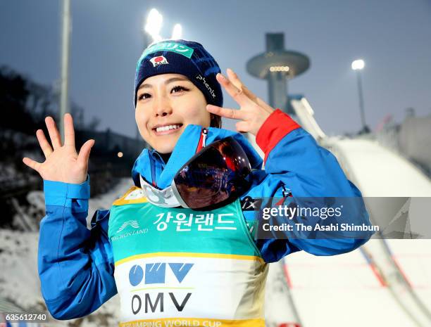 Sara Takanashi of Japan celebrates her 53rd World Cup win after the Ladies Normal Hill during day two of the FIS Ski Jumping World Cup PyeongChang at...