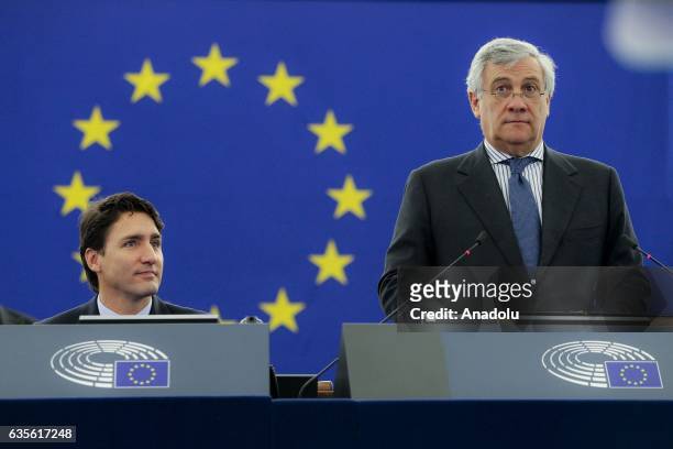 Canada's Prime Minister Justin Trudeau and European Parliament President Antonio Tajani attend a plenary session at the European Parliament in...