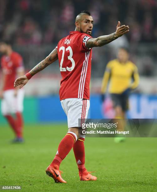 Arturo Vidal of FC Bayern Muenchen gestures during the UEFA Champions League Round of 16 first leg match between FC Bayern Muenchen and Arsenal FC at...