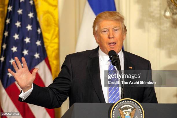 President Donald Trump speaks during a joint news conference after his meeting with Isreal Prime Minister Benjamin Netanyahu at the East Room of the...