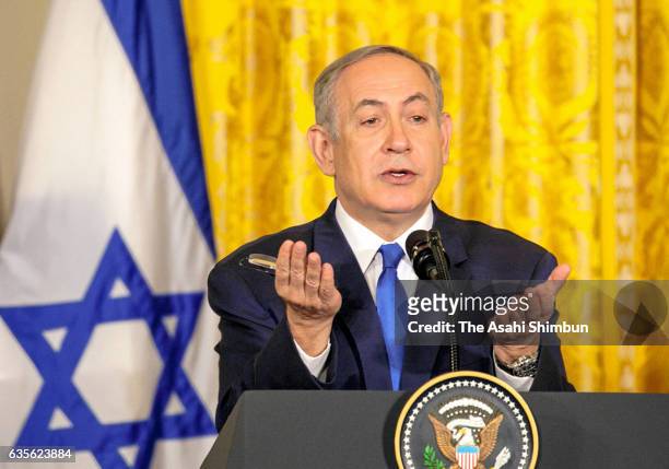 Israel Prime Minister Benjamin Netanyahu speaks during a joint news conference following his meeting with U.S. President Donald Trump at the East...