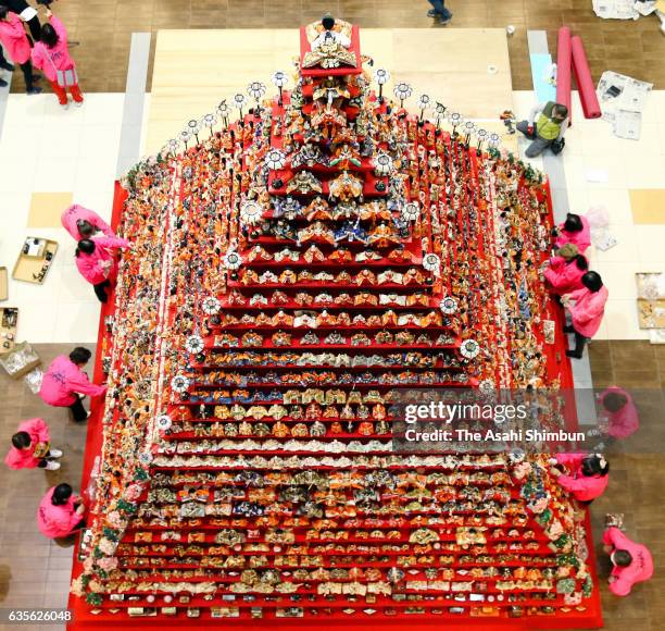 Some 1,800 Hina dolls are displayed on 7-metre-high, 31-story pyramid at Elumi Konosu Shopping Mall on February 16, 2017 in Konosu, Saitama, Japan....