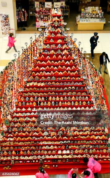 Some 1,800 Hina dolls are displayed on 7-metre-high, 31-story pyramid at Elumi Konosu Shopping Mall on February 16, 2017 in Konosu, Saitama, Japan....