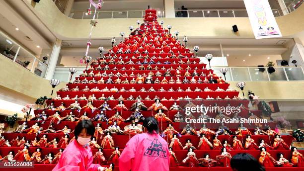 Some 1,800 Hina dolls are displayed on 7-metre-high, 31-story pyramid at Elumi Konosu Shopping Mall on February 16, 2017 in Konosu, Saitama, Japan....