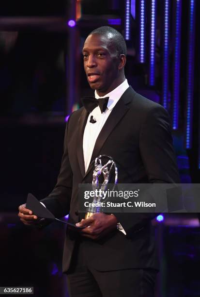 Laureus Academy member Michael Johnson talks on stage during the 2017 Laureus World Sports Awards at the Salle des Etoiles,Sporting Monte Carlo on...