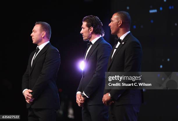 New Laureus Academy Members Sir Chris Hoy, Fabian Cancellara and Ruud Gullit on stage during the 2017 Laureus World Sports Awards at the Salle des...