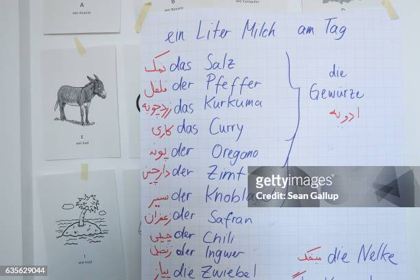 Board helps students to learn basic words in German related to food and groceries at a class offering literacy and basic computer and Internet skills...
