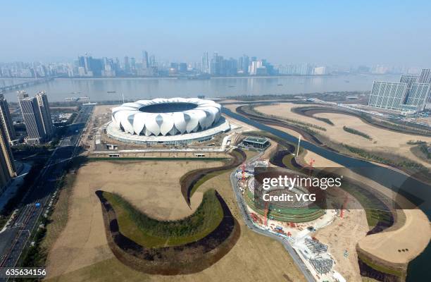 Aerial view of Main Stadium of Hangzhou Olympic Sports Center on February 16, 2017 in Hangzhou, Zhejiang Province of China. Chosen to be the main...