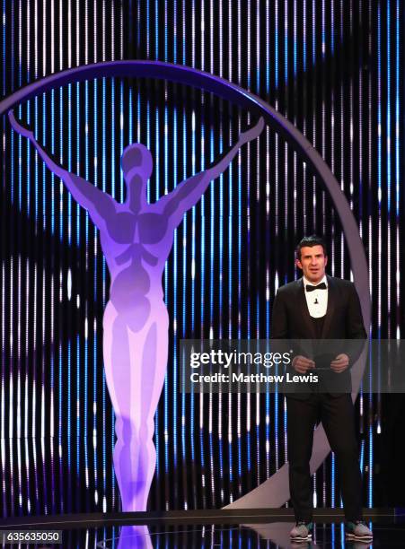 Laureus Academy Member Luis Figo talks on stage during the 2017 Laureus World Sports Awards at the Salle des Etoiles,Sporting Monte Carlo on February...