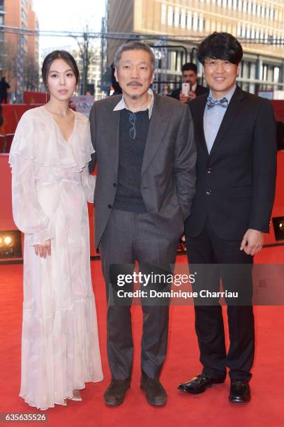 Actress Kim Min-hee, director Hong Sang-soo and Park Hong-Yeol attend the 'On the Beach at Night Alone' premiere during the 67th Berlinale...