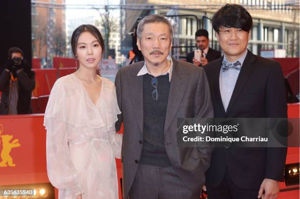 Actress Kim Min-hee, director Hong Sang-soo and Park Hong-Yeol attend the 'On the Beach at Night Alone' premiere during the 67th Berlinale...