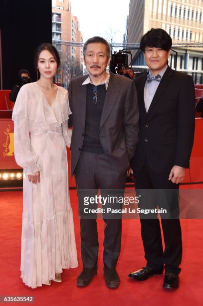 Actress Kim Min-hee, director Hong Sang-soo and Park Hong-Yeol attend the 'On the Beach at Night Alone' premiere during the 67th Berlinale...