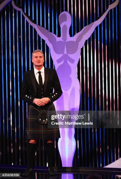 Laureus Ambassador David Coulthard talks on stage during the 2017 Laureus World Sports Awards at the Salle des Etoiles,Sporting Monte Carlo on...