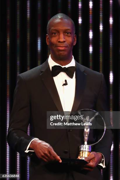 Laureus Academy member Michael Johnson talks on stage during the 2017 Laureus World Sports Awards at the Salle des Etoiles,Sporting Monte Carlo on...