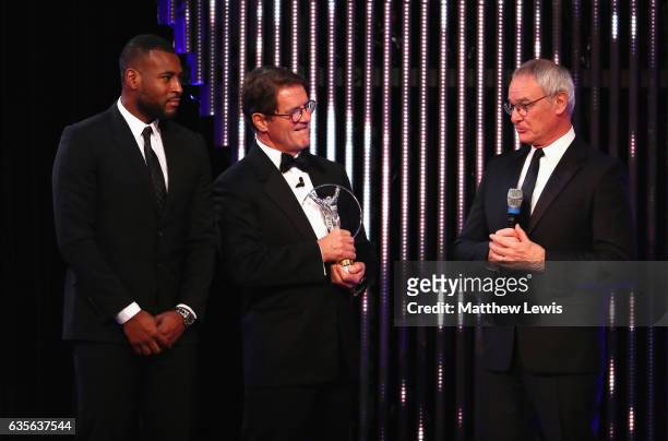 Manager Claudio Ranieri and captain Wes Morgan accept the Laureus Spirit of Sport award on behalf of Leicester City FC from Laureus Ambassador Fabio...