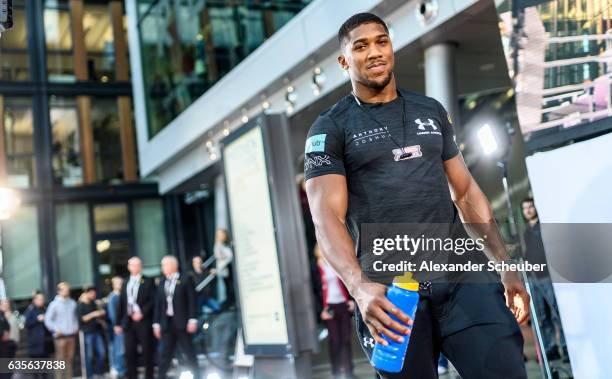 Anthony Joshua is seen during the press conference with Anthony Joshua and Wladimir Klitschko at RTL media group mall on February 16, 2017 in...