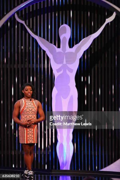Gymnast Simone Biles of the USA, winner of the Laureus World Sportswoman of the Year award talks on stage during the 2017 Laureus World Sports Awards...