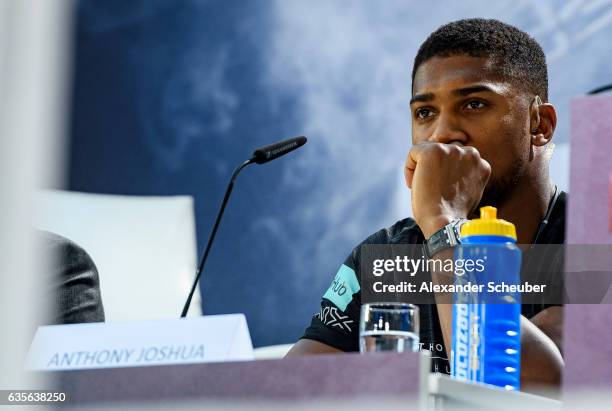 Anthony Joshua is seen during the press conference with Anthony Joshua and Wladimir Klitschko at RTL media group mall on February 16, 2017 in...