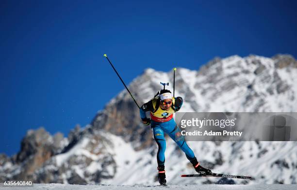 Martin Fourcade of France on his way to the Bronze medal in the Men's 20km Individual competition of the IBU World Championships Biathlon 2017 at the...