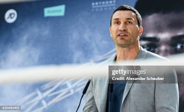Wladimir Klitschko is seen during the press conference with Anthony Joshua and Wladimir Klitschko at RTL media group mall on February 16, 2017 in...