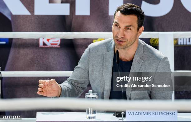 Wladimir Klitschko is seen during the press conference with Anthony Joshua and Wladimir Klitschko at RTL media group mall on February 16, 2017 in...