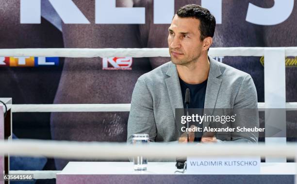 Wladimir Klitschko is seen during the press conference with Anthony Joshua and Wladimir Klitschko at RTL media group mall on February 16, 2017 in...