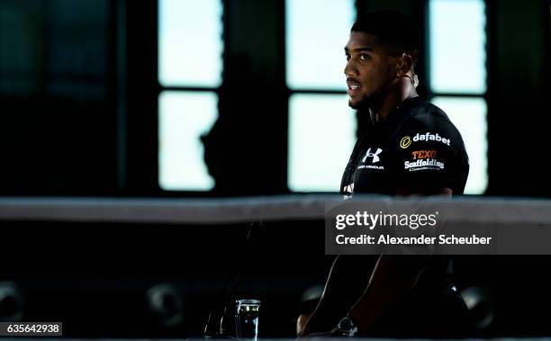 Anthony Joshua is seen during the press conference with Anthony Joshua and Wladimir Klitschko at RTL media group mall on February 16, 2017 in...