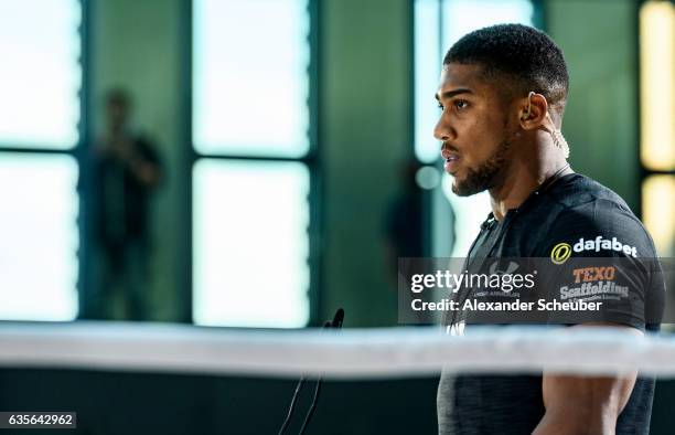 Anthony Joshua is seen during the press conference with Anthony Joshua and Wladimir Klitschko at RTL media group mall on February 16, 2017 in...