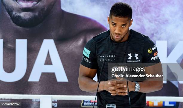 Anthony Joshua is seen during the press conference with Anthony Joshua and Wladimir Klitschko at RTL media group mall on February 16, 2017 in...