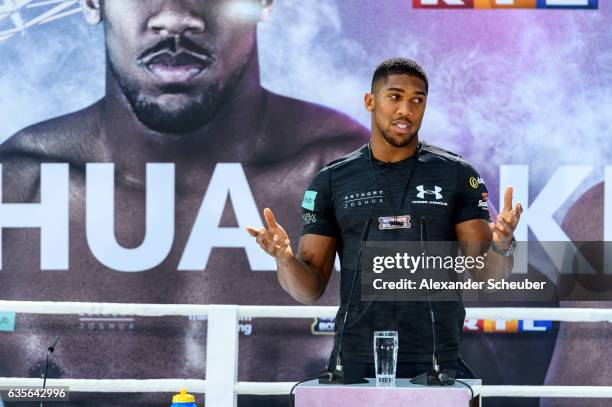 Anthony Joshua is seen during the press conference with Anthony Joshua and Wladimir Klitschko at RTL media group mall on February 16, 2017 in...