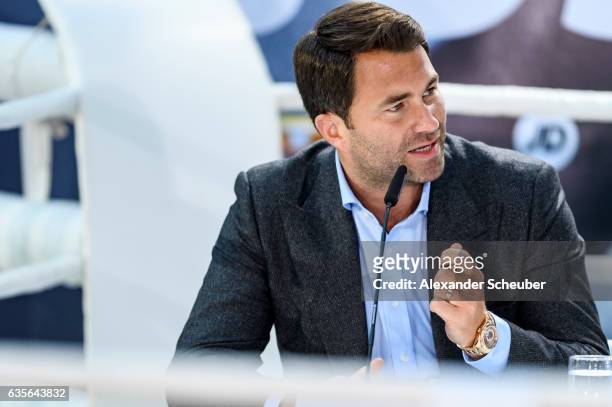 Manager Eddie Hearn is seen during the press conference with Anthony Joshua and Wladimir Klitschko at RTL media group mall on February 16, 2017 in...