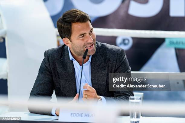 Manager Eddie Hearn is seen during the press conference with Anthony Joshua and Wladimir Klitschko at RTL media group mall on February 16, 2017 in...