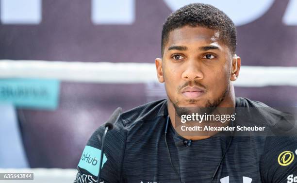 Anthony Joshua is seen during the press conference with Anthony Joshua and Wladimir Klitschko at RTL media group mall on February 16, 2017 in...