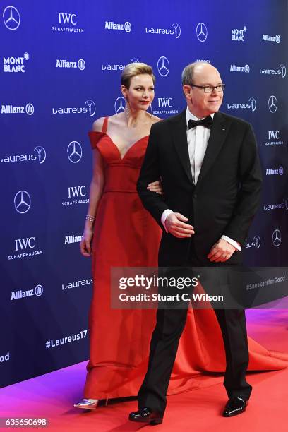 Prince Albert II of Monaco and his wife Charlene,Princess of Monaco attend the 2017 Laureus World Sports Awards at the Salle des Etoiles,Sporting...