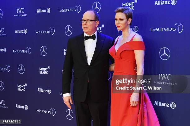 Prince Albert II of Monaco and his wife Charlene,Princess of Monaco attend the 2017 Laureus World Sports Awards at the Salle des Etoiles,Sporting...