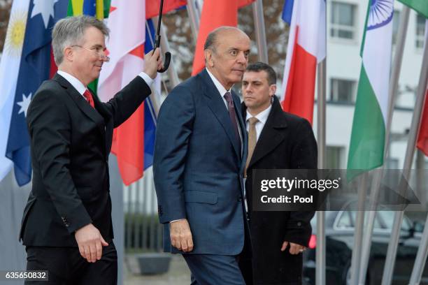 Jose Serra arrives at the World Conference Center on February 16, 2017 in Bonn, Germany. The meeting is the first occasion that high-level diplomats...