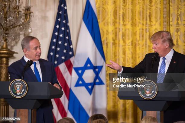 President Donald Trump and Prime Minister of Israel, Benjamin Netanyahu, held a Joint Press Conference in the East Room of the White House in...