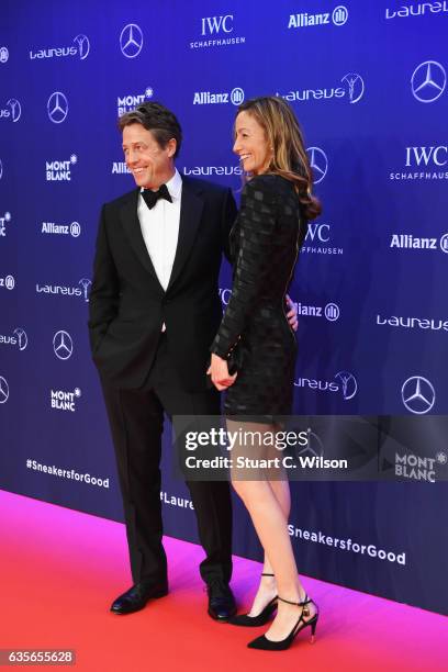 Host Hugh Grant and Anna Eberstein attend the 2017 Laureus World Sports Awards at the Salle des Etoiles,Sporting Monte Carlo on February 14, 2017 in...