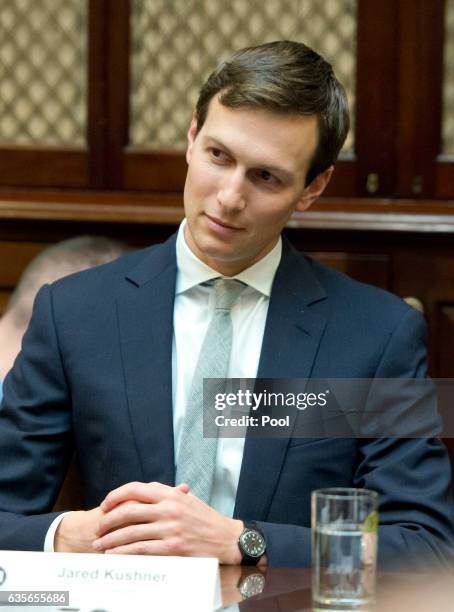 Senior advisor Jared Kushner listens as President Donald Trump participates in a congressional listening session with GOP members in the Roosevelt...