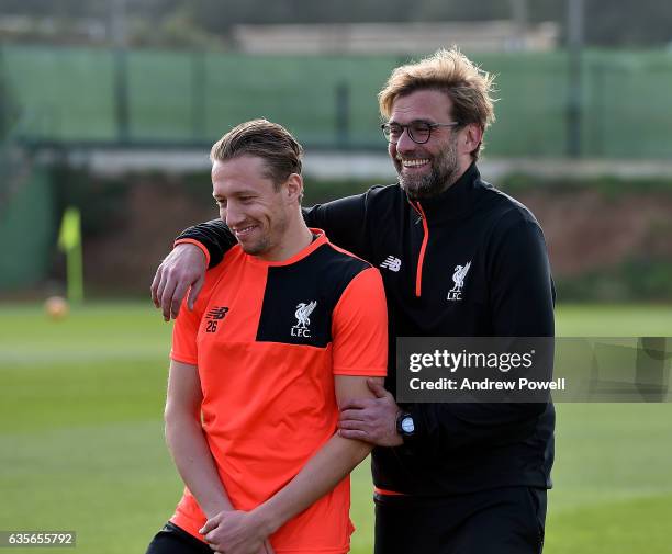 Jurgen Klopp manager of Liverpool with Lucas Leiva during a training session at La Manga on February 16, 2017 in La Manga, Spain.