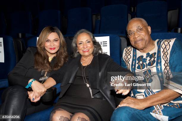 Tina Knowles-Lawson, CEO of TV One Cathy Hughes and Founder of the Pan African Film Festival Ayuko Babu pose for a photo at the screening of "Media"...