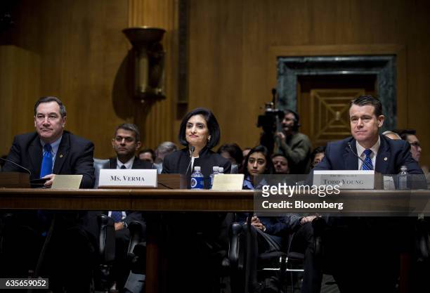 Senator Joe Donnelly, a Democrat from Indiana, from left, Seema Verma, Centers for Medicare and Medicaid Services administrator nominee for U.S....
