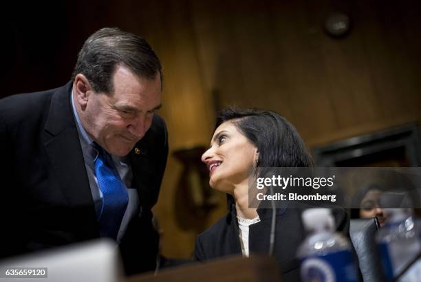 Senator Joe Donnelly, a Democrat from Indiana, left, speaks with Seema Verma, Centers for Medicare and Medicaid Services administrator nominee for...