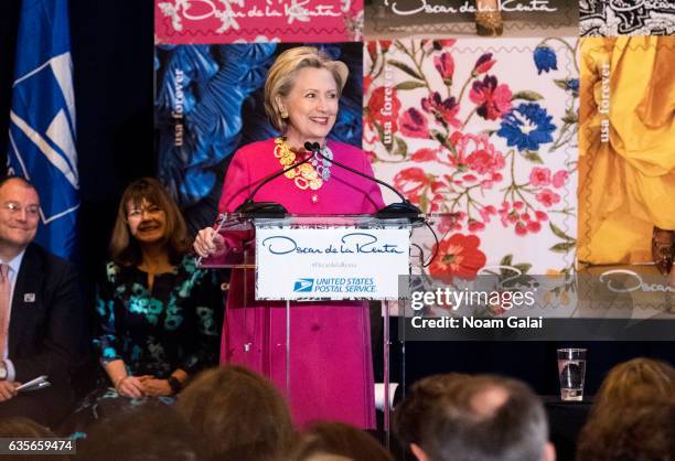 Former United States Secretary of State Hillary Clinton speaks at the Oscar de la Renta Forever Stamp dedication ceremony at Grand Central Terminal...